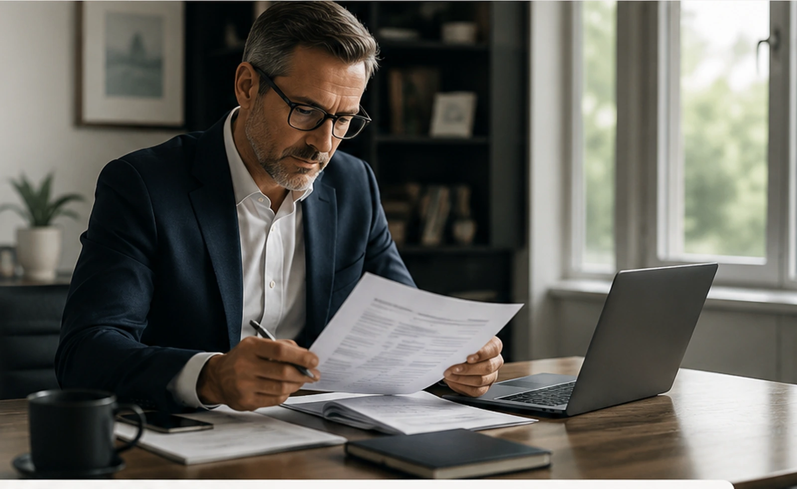Established financial professional reviewing planning materials at a desk