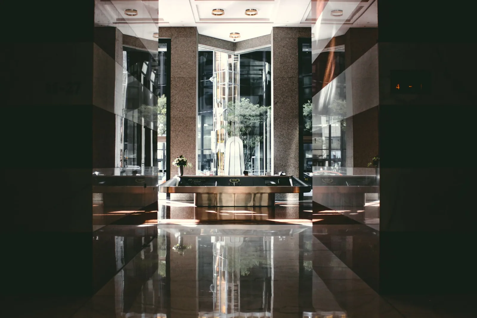 A grand institutional lobby in natural daylight